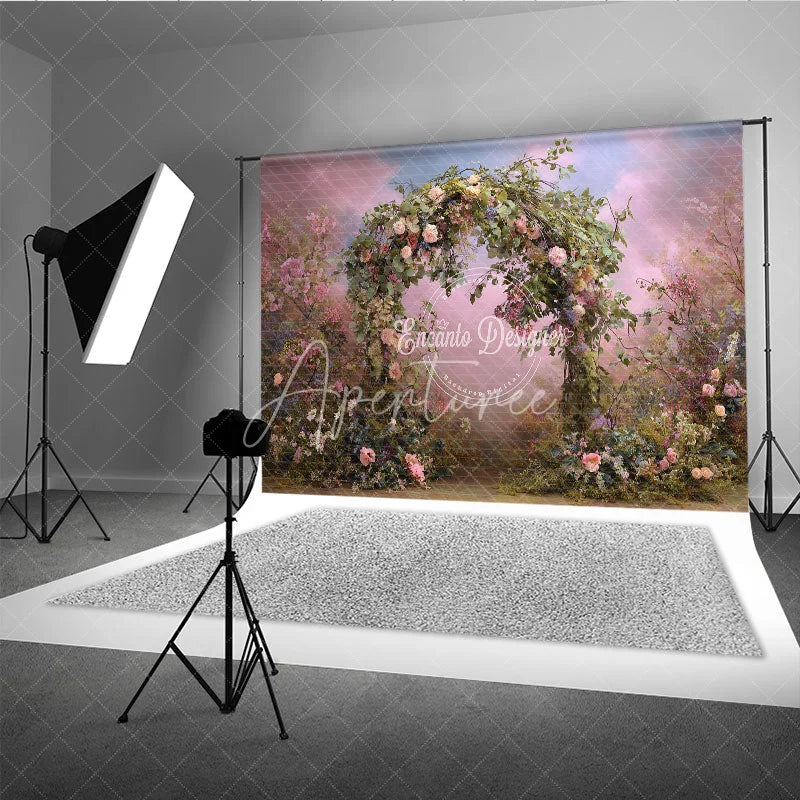 Aperturee - Aperturee Dreamy Floral Arch Photography Backdrop with Lush Greenery and Pink and Blue Sky Romantic Garden Scene for Events