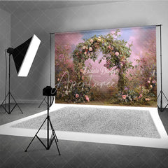 Aperturee - Aperturee Dreamy Floral Arch Photography Backdrop with Lush Greenery and Pink and Blue Sky Romantic Garden Scene for Events