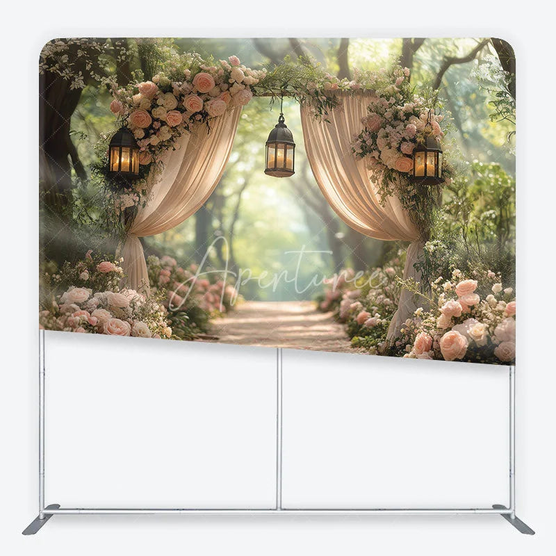 Aperturee - Aperturee Dreamy Forest Archway with Pink Roses and Lanterns Square Double-Sided Backdrop Elegant Wedding Decor