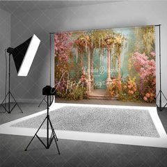 Aperturee - Aperturee Dreamy Garden Photography Backdrop with Elegant Stone Gazebo Pink Cherry Blossoms and Lush Pastel Flowers