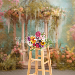Aperturee - Aperturee Dreamy Garden Photography Backdrop with Elegant Stone Gazebo Pink Cherry Blossoms and Lush Pastel Flowers