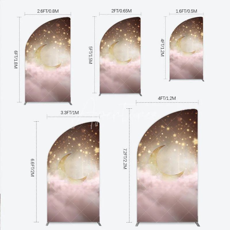 Aperturee - Aperturee Dreamy Golden Half Moon Arch Backdrop with Pink Clouds Sparkling Stars for Baby Shower or Birthday Party