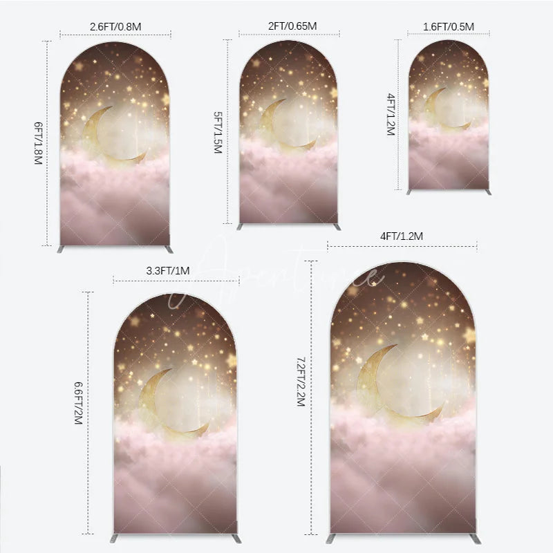 Aperturee - Aperturee Dreamy Golden Moon and Sparkling Stars Round Top Arch Backdrop Pink Clouds Baby Shower or Birthday Party Decor