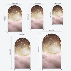 Aperturee - Aperturee Dreamy Golden Moon and Sparkling Stars Round Top Arch Backdrop Pink Clouds Baby Shower or Birthday Party Decor