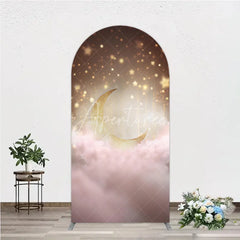 Aperturee - Aperturee Dreamy Golden Moon and Sparkling Stars Round Top Arch Backdrop Pink Clouds Baby Shower or Birthday Party Decor
