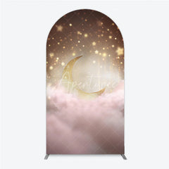 Aperturee - Aperturee Dreamy Golden Moon and Sparkling Stars Round Top Arch Backdrop Pink Clouds Baby Shower or Birthday Party Decor
