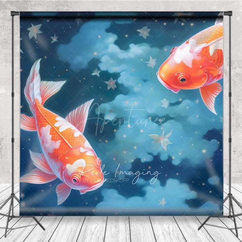 Aperturee Aperturee Dreamy Koi Fish Photography Backdrop Two Goldfish Swimming in a Starry Night Sky Fine Art Japanese Style Prop