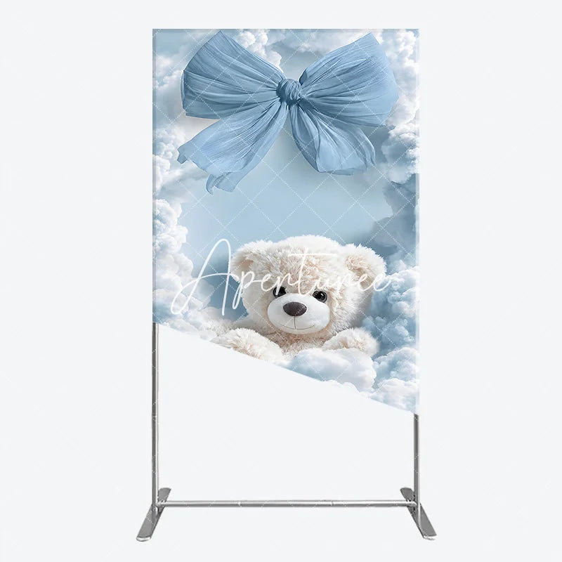 Aperturee - Aperturee Dreamy Light Blue Bow and White Teddy Bear in Clouds Rectangle Arch Backdrop for Baby Shower Birthday Party
