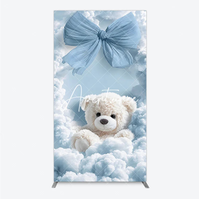 Aperturee - Aperturee Dreamy Light Blue Bow and White Teddy Bear in Clouds Rectangle Arch Backdrop for Baby Shower Birthday Party