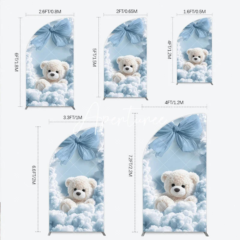 Aperturee - Aperturee Dreamy Light Blue Clouds and Teddy Bear Half Moon Arch Backdrop Baby Shower Birthday Party Decor