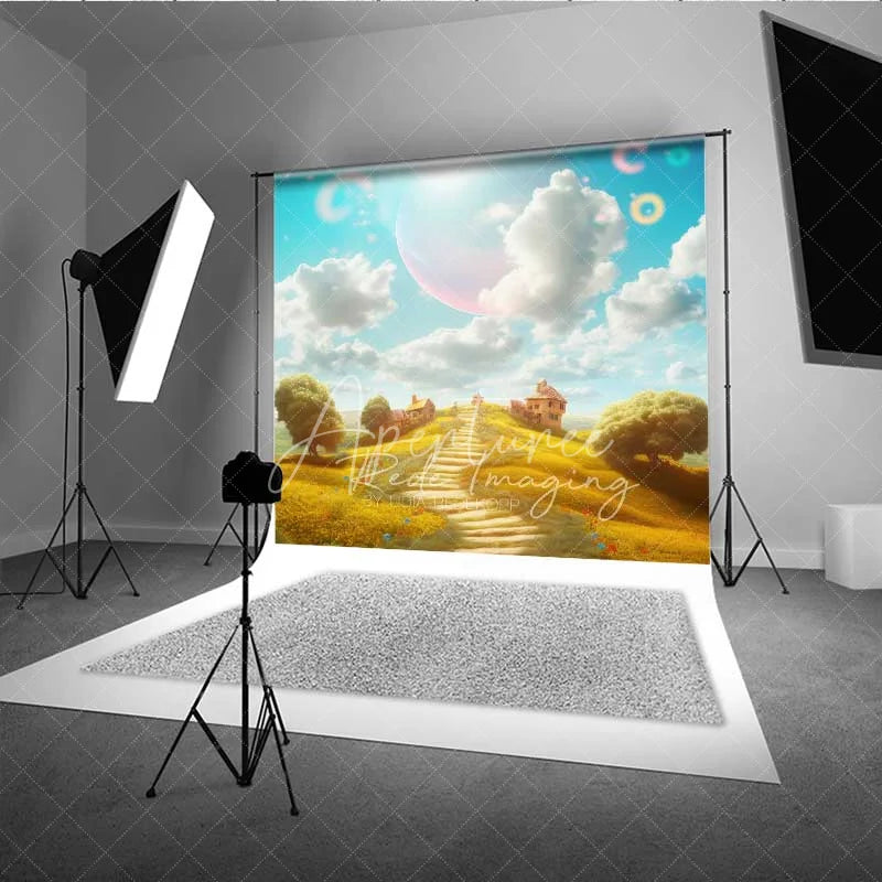 Aperturee - Aperturee Dreamy Natural Scenery Backdrop Fantasy Village Winding Path Celestial Sky Photography Background