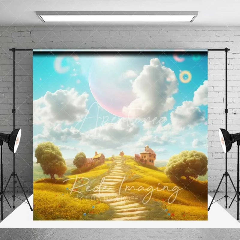 Aperturee - Aperturee Dreamy Natural Scenery Backdrop Fantasy Village Winding Path Celestial Sky Photography Background