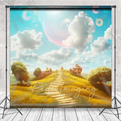 Aperturee - Aperturee Dreamy Natural Scenery Backdrop Fantasy Village Winding Path Celestial Sky Photography Background