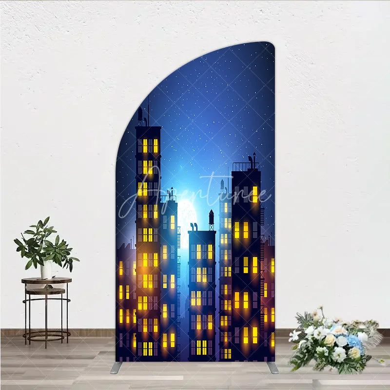 Aperturee - Aperturee Dreamy Night City Half Moon Arch Backdrop featuring Glowing Windows and a Starry Full Moon