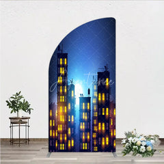 Aperturee - Aperturee Dreamy Night City Half Moon Arch Backdrop featuring Glowing Windows and a Starry Full Moon
