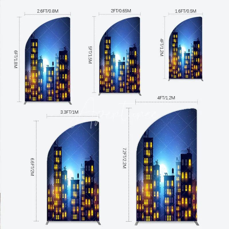 Aperturee - Aperturee Dreamy Night City Half Moon Arch Backdrop featuring Glowing Windows and a Starry Full Moon