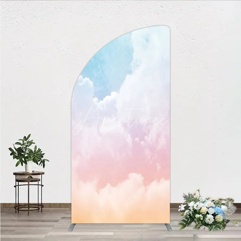 Aperturee - Aperturee Dreamy Pastel Blue Pink Orange Gradient Clouds Half Moon Arch Backdrop Ethereal Sky Photo Background for Parties