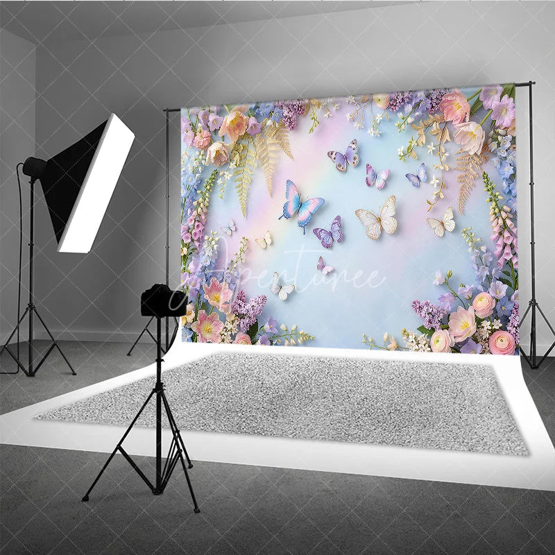 Aperturee - Aperturee Dreamy Pastel Butterfly and Floral Photography Backdrop Whimsical Spring Garden Photo Booth Decor