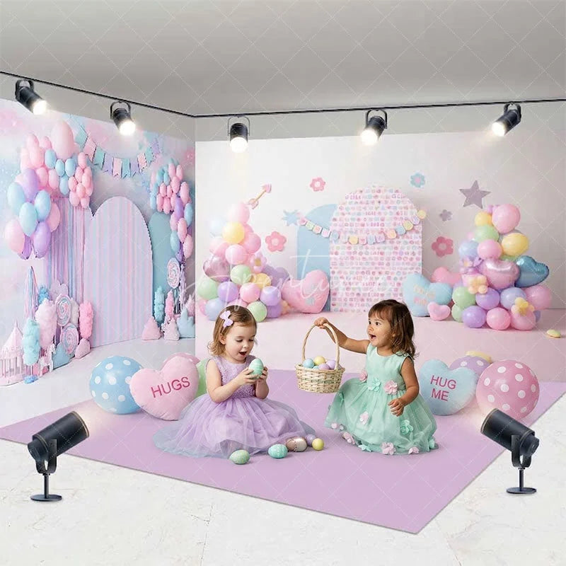 Aperturee - Aperturee Dreamy Pastel Candy Land Room Set Backdrop with Balloons Heart Pillows and Striped Arch for Baby Shower