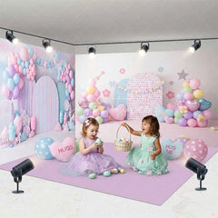 Aperturee - Aperturee Dreamy Pastel Candy Land Room Set Backdrop with Balloons Heart Pillows and Striped Arch for Baby Shower