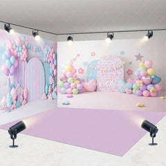 Aperturee - Aperturee Dreamy Pastel Candy Land Room Set Backdrop with Balloons Heart Pillows and Striped Arch for Baby Shower