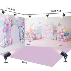 Aperturee - Aperturee Dreamy Pastel Candy Land Room Set Backdrop with Balloons Heart Pillows and Striped Arch for Baby Shower