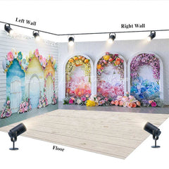 Aperturee - Aperturee Dreamy Pastel Floral Archways and House Cutouts Room Set Backdrop Enchanting Birthday Party Decor