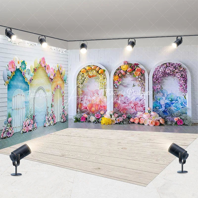 Aperturee - Aperturee Dreamy Pastel Floral Archways and House Cutouts Room Set Backdrop Enchanting Birthday Party Decor