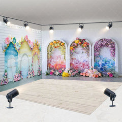 Aperturee - Aperturee Dreamy Pastel Floral Archways and House Cutouts Room Set Backdrop Enchanting Birthday Party Decor