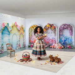 Aperturee - Aperturee Dreamy Pastel Floral Archways and House Cutouts Room Set Backdrop Enchanting Birthday Party Decor