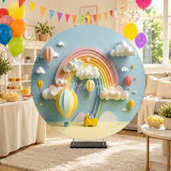 Aperturee - Aperturee Dreamy Pastel Rainbow Hot Air Balloon Round Backdrop Whimsical Baby Shower Birthday Party Decor