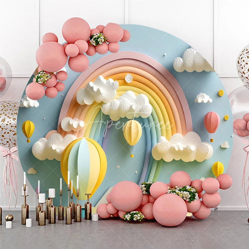 Aperturee - Aperturee Dreamy Pastel Rainbow Hot Air Balloon Round Backdrop Whimsical Baby Shower Birthday Party Decor