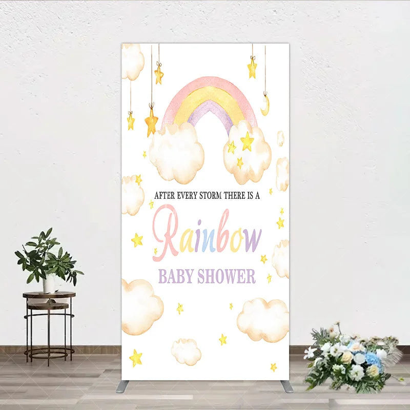 Aperturee - Aperturee Dreamy Pastel Watercolor Rainbow Clouds and Stars Rectangle Arch Backdrop for Baby Shower Party