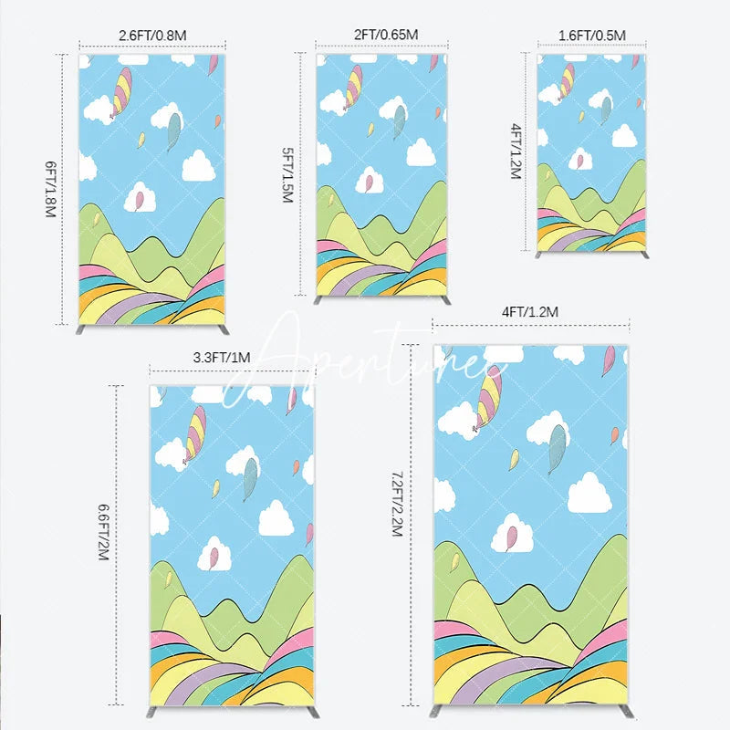 Aperturee - Aperturee Dreamy Pastel Whimsical Cartoon Landscape Rectangle Arch Backdrop Hills and Floating Balloons for Birthday Party