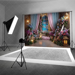 Aperturee - Aperturee Dreamy Pink and Blue Floral Window Photography Backdrop Enchanted Princess Garden for Baby Shower Birthday