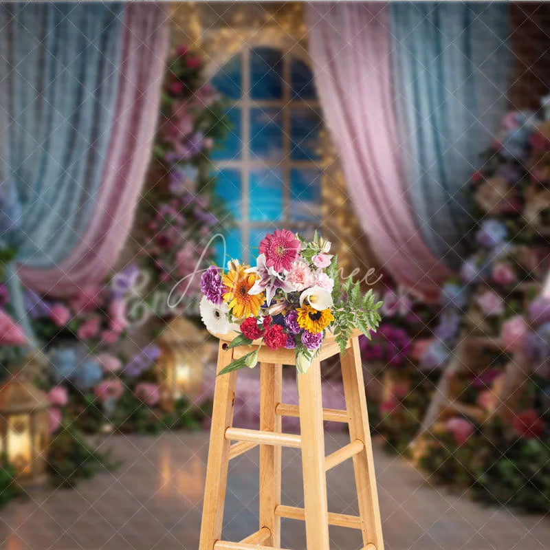 Aperturee - Aperturee Dreamy Pink and Blue Floral Window Photography Backdrop Enchanted Princess Garden for Baby Shower Birthday
