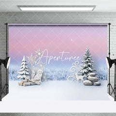 Aperturee - Aperturee Dreamy Pink and Blue Winter Photography Backdrop with Snowflakes Fox Deer and Pine Trees