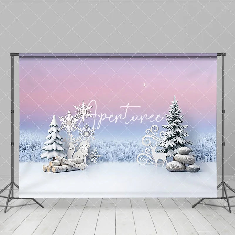 Aperturee - Aperturee Dreamy Pink and Blue Winter Photography Backdrop with Snowflakes Fox Deer and Pine Trees