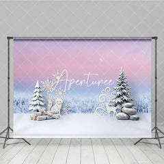 Aperturee - Aperturee Dreamy Pink and Blue Winter Photography Backdrop with Snowflakes Fox Deer and Pine Trees