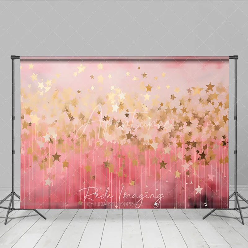 Aperturee - Aperturee Dreamy Pink and Gold Falling Stars Photography Backdrop Elegant Magical Celebration Party Decor for Girls