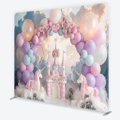 Aperturee - Aperturee Dreamy Pink Castle Unicorn and Pastel Balloon Arch Square Double-Sided Backdrop Magical Birthday Party Decor