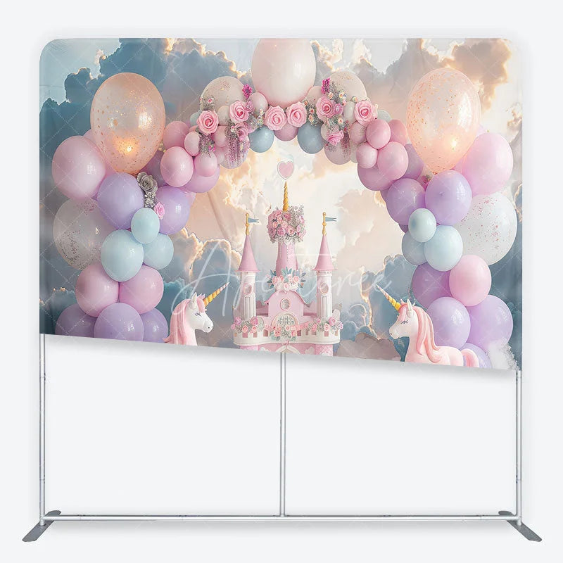Aperturee - Aperturee Dreamy Pink Castle Unicorn and Pastel Balloon Arch Square Double-Sided Backdrop Magical Birthday Party Decor