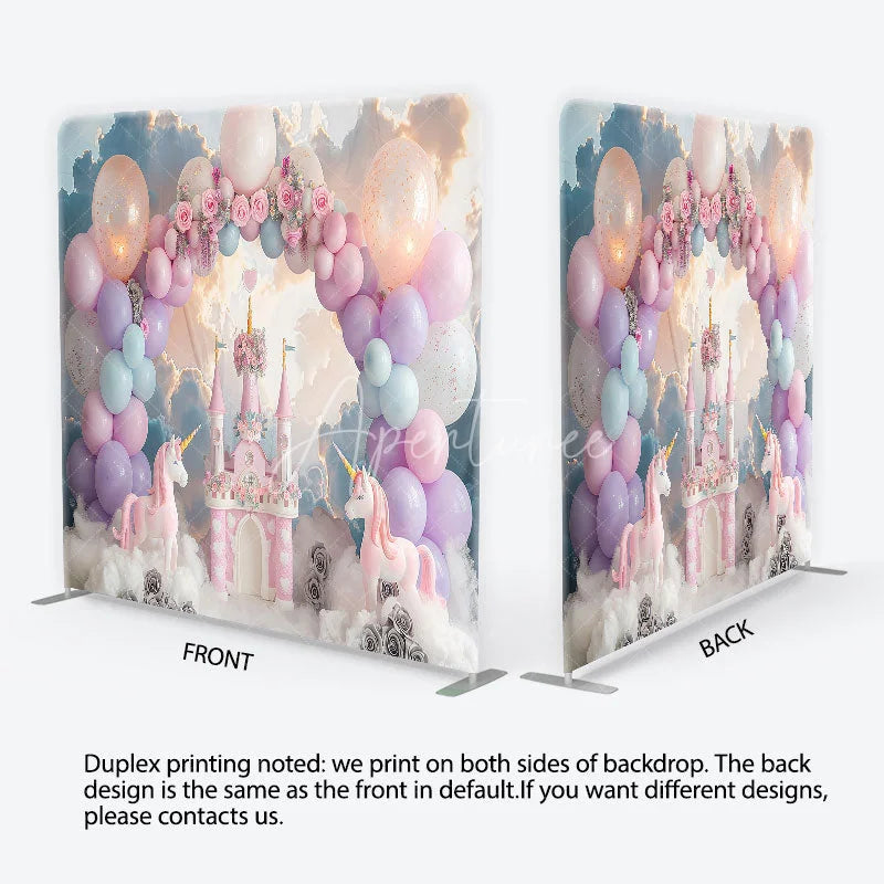 Aperturee - Aperturee Dreamy Pink Castle Unicorn and Pastel Balloon Arch Square Double-Sided Backdrop Magical Birthday Party Decor