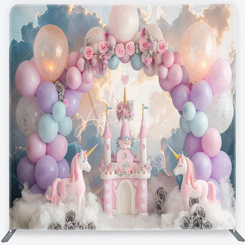 Aperturee - Aperturee Dreamy Pink Castle Unicorn and Pastel Balloon Arch Square Double-Sided Backdrop Magical Birthday Party Decor