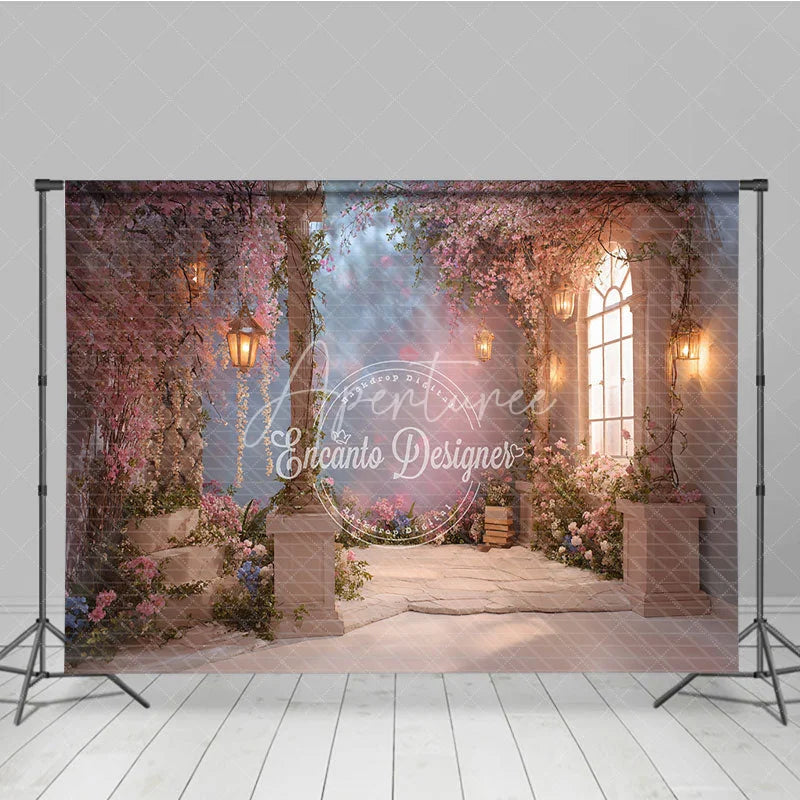 Aperturee - Aperturee Dreamy Pink Cherry Blossom Photography Backdrop Enchanted Garden with Stone Pillars and Glowing Lanterns