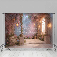 Aperturee - Aperturee Dreamy Pink Cherry Blossom Photography Backdrop Enchanted Garden with Stone Pillars and Glowing Lanterns