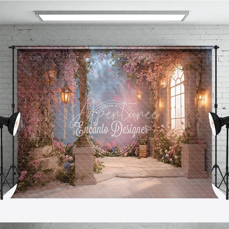 Aperturee - Aperturee Dreamy Pink Cherry Blossom Photography Backdrop Enchanted Garden with Stone Pillars and Glowing Lanterns