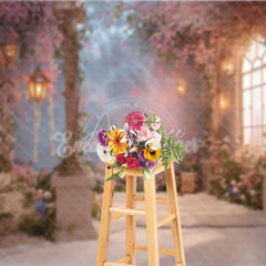 Aperturee - Aperturee Dreamy Pink Cherry Blossom Photography Backdrop Enchanted Garden with Stone Pillars and Glowing Lanterns