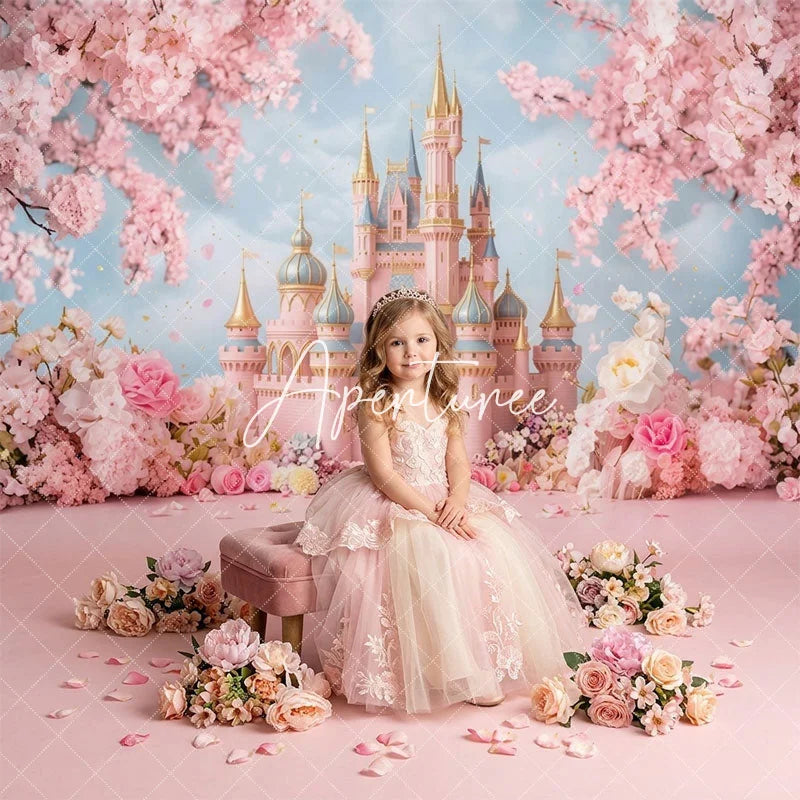 Aperturee - Aperturee Dreamy Pink Fairy Tale Castle Cherry Blossom Flowers Combo Set Backdrop Princess Birthday Baby Shower Decor