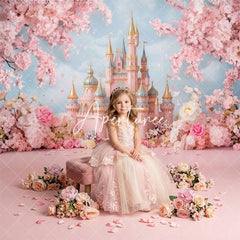 Aperturee - Aperturee Dreamy Pink Fairy Tale Castle Cherry Blossom Flowers Combo Set Backdrop Princess Birthday Baby Shower Decor
